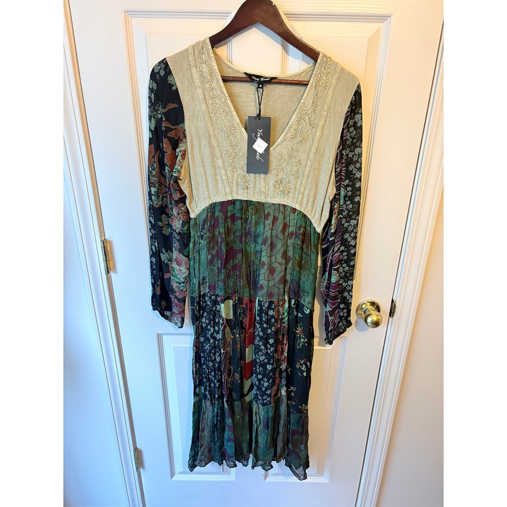 Young Threads Basil Patchwork Floral Embroidered Midi Dress DR44562 Womens M